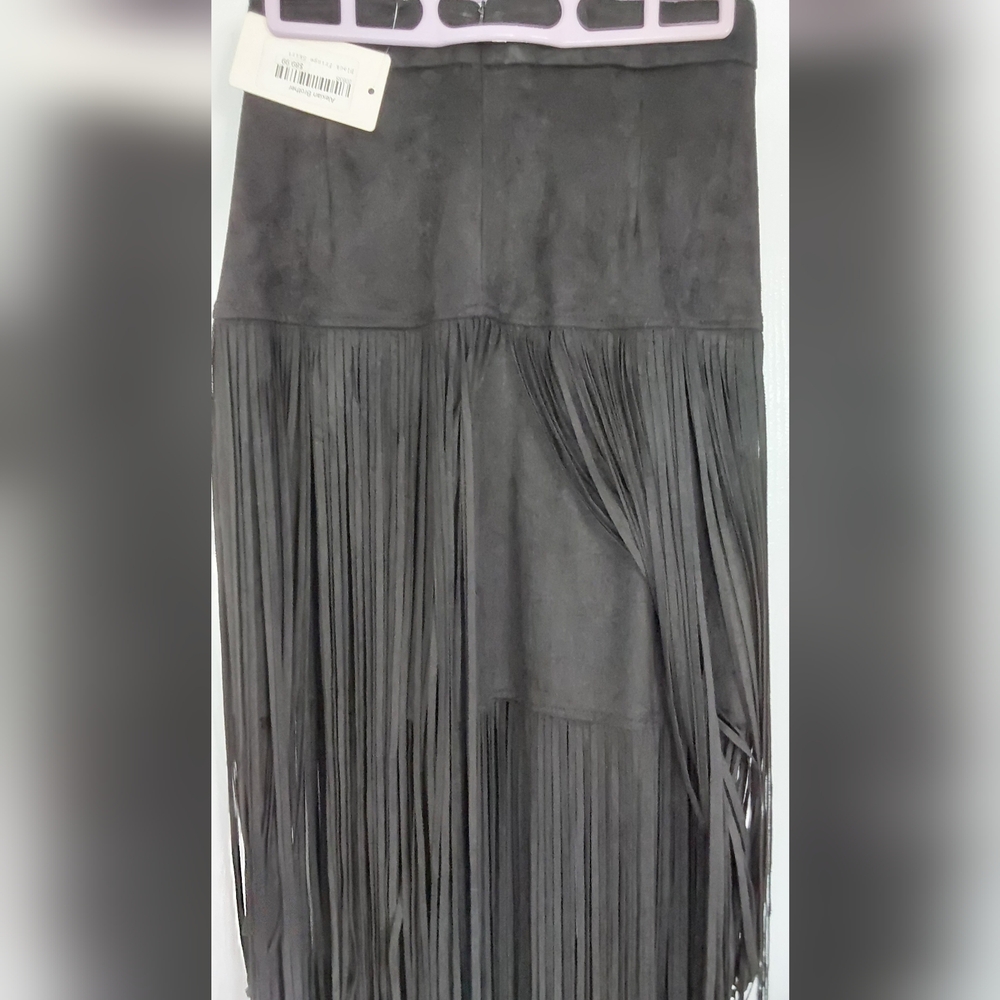 WOMENS FAUX SUEDE FRINGE BLACK MAXI SKIRT M - Picture 3 of 7